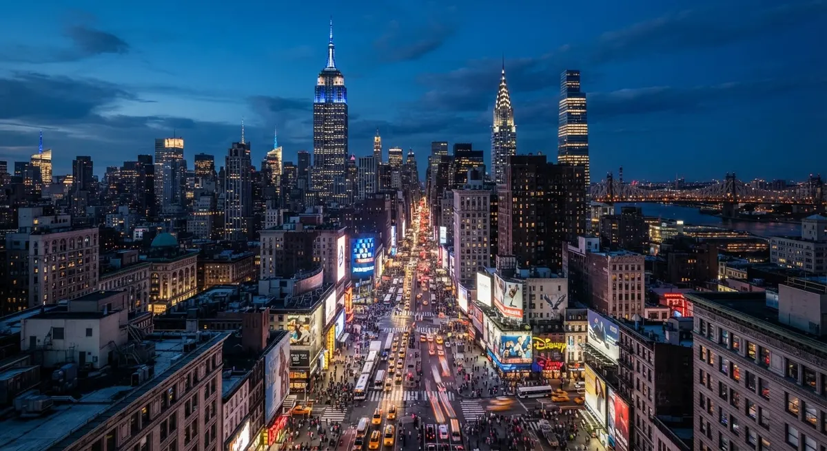 Vista nocturna de Manhattan iluminada