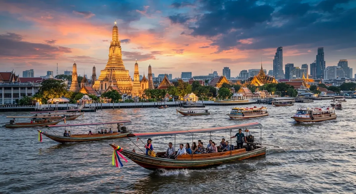 Templo junto al río en Bangkok al atardecer